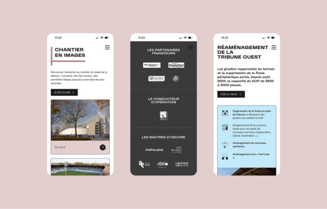 3 écrans mobiles du site Destination Meinau
