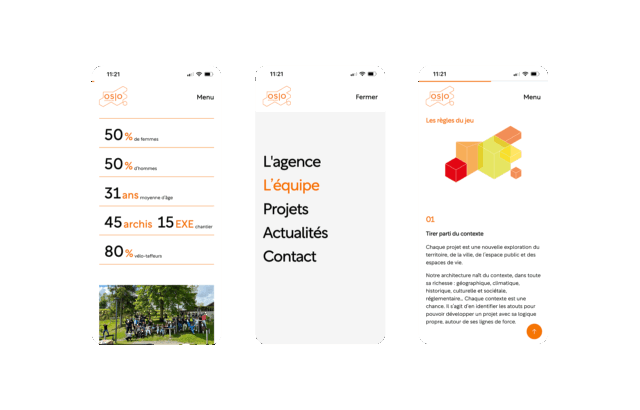 Trois écrans mobile des pages du site