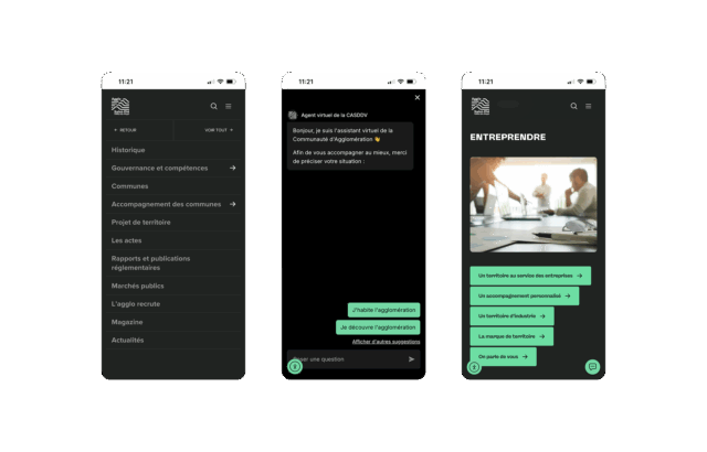 3 captures des pages en format mobile